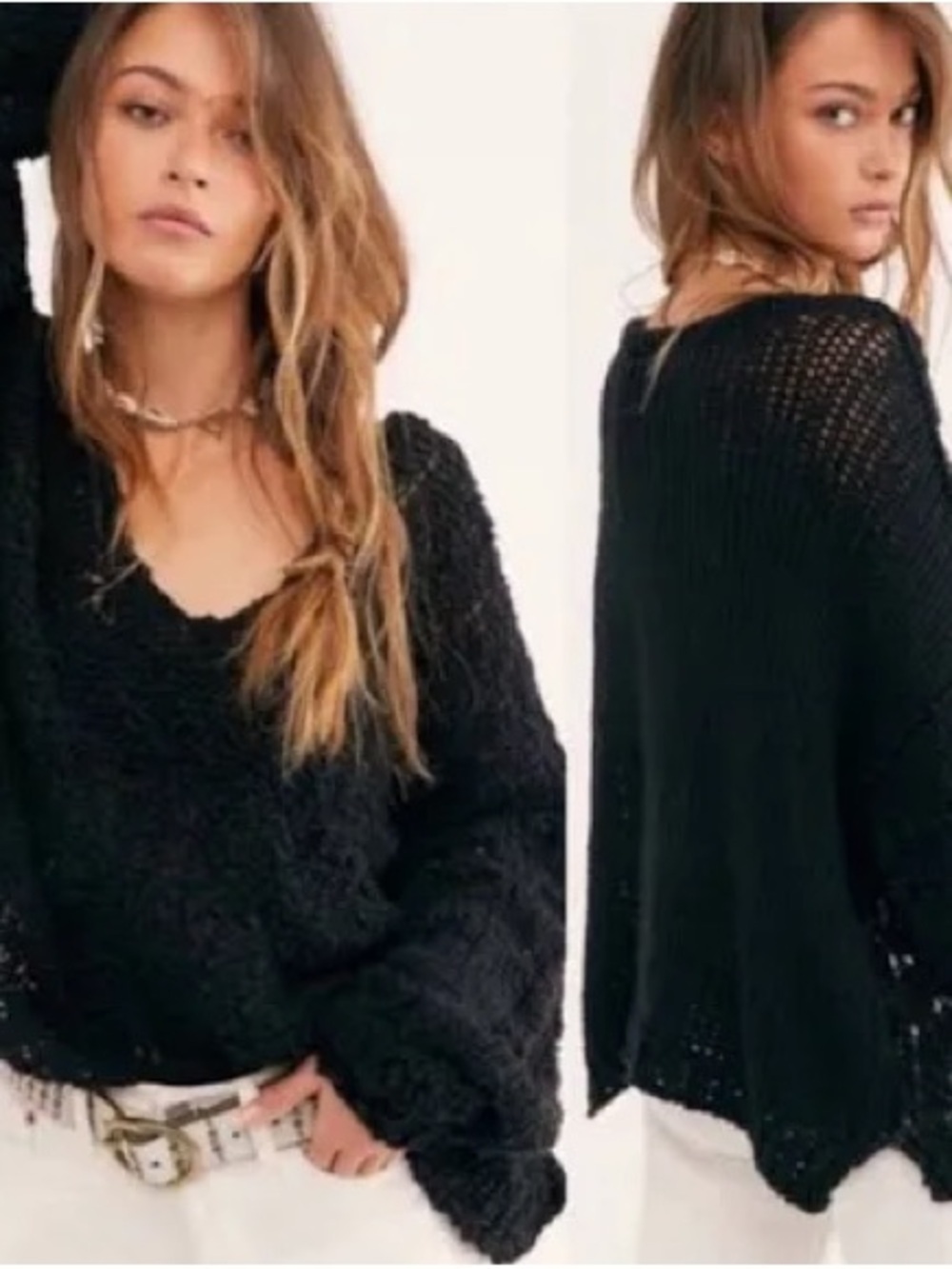 Free People Shore Black Loose V‑Neck Open Knit Sweater